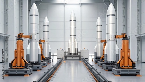 A futuristic launch facility features multiple rockets and robotic arms, showcasing advanced technology in aerospace engineering.