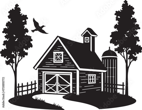Black and white barn with silo and trees farm rural