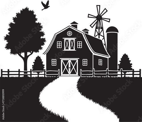 Black and white farm scene with barn silo and windmill