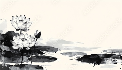Wallpaper Mural Elegant Black and White Lotus Illustration on Water Torontodigital.ca