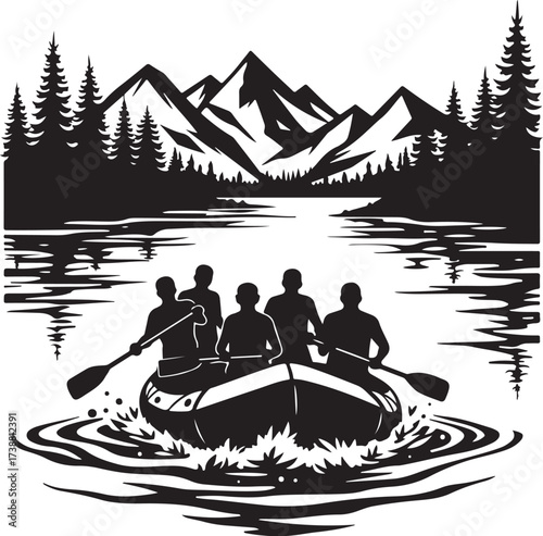 Black and white illustration of people rafting on a lake with mountains