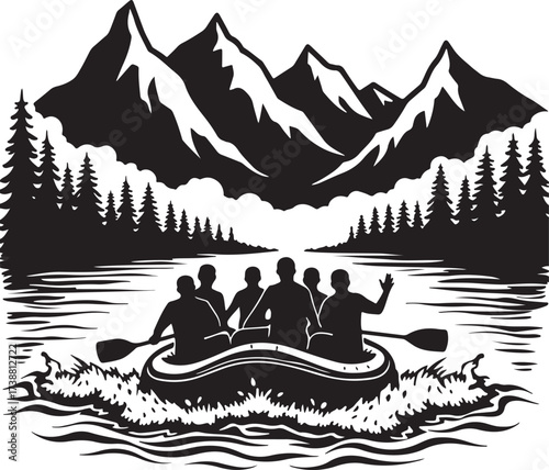 Black and white illustration of people white water rafting near pine trees and snow capped mountains