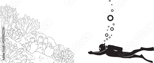 Underwater Illustration with Scuba Diver, Bubbles, and Coral Reef