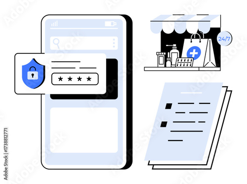 Smartphone with password lock, digital pharmacy store, and documents. Ideal for e-commerce, online security, healthcare technology, data management, authentication, digital transformation simple