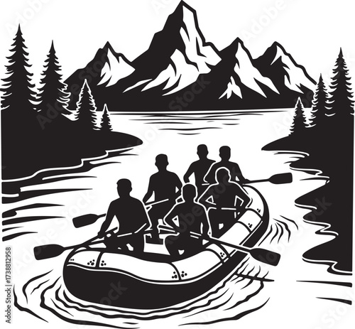 Black and white illustration of people white water rafting