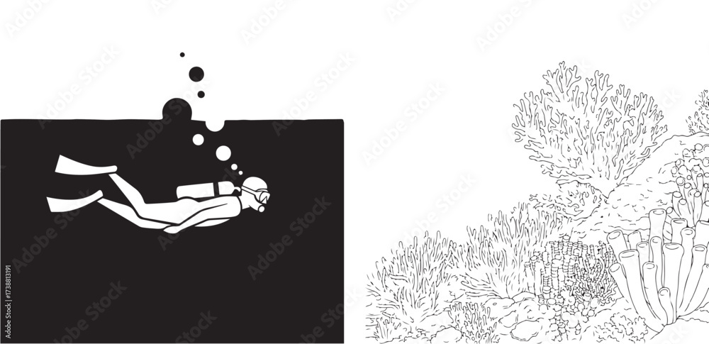 Fototapeta premium Underwater Scuba Diver with Bubbles and Coral Reef Drawing