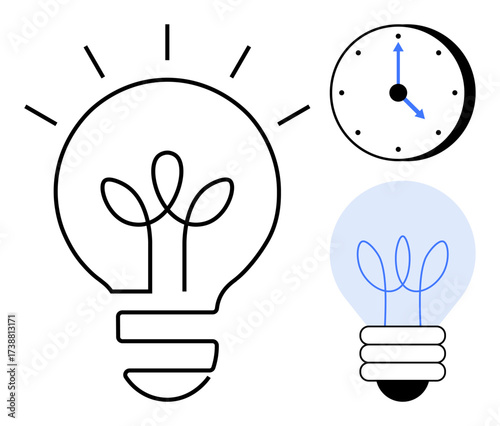 Bright lightbulb with plant indicating green energy, paired with a clock showing time management. Ideal for innovation, sustainability, eco-ideas, productivity, growth, planning creativity. Simple