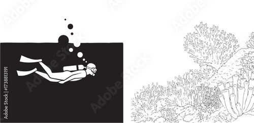 Underwater Scuba Diver with Bubbles and Coral Reef Drawing