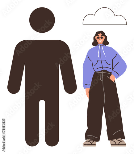 Woman in trendy purple hoodie and wide-leg pants, standing near abstract human figure and cloud shape. Ideal for fashion, confidence, youth culture, individuality, casual style, modern design, simple