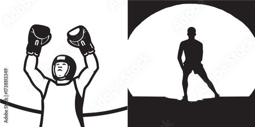 Monochrome Boxing Illustrations: Victorious Fighter in Ring and Dynamic Athlete Silhouette