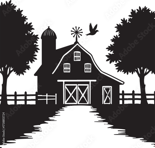 Black silhouette of a barn with a windmill and bird