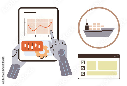Robotic hands interacting with a tablet, monitoring graphs, settings, a shipping icon, and checklist. Ideal for technology, automation, logistics, AI data analysis robotics maritime operations
