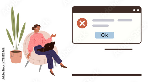 Woman seated on chair with laptop, analyzing error popup screen. Ideal for problem-solving, technology, troubleshooting, user experience, remote work, software development, professional growth
