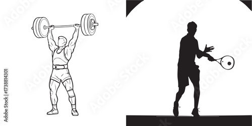 Line Art Weightlifter and Silhouette Tennis Player in Sport Theme