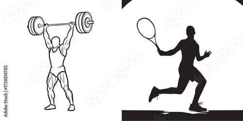 Male Athletes in Action: Weightlifter and Tennis Player Illustrations