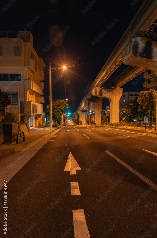 Fototapeta premium オレンジ色の街灯が明るい深夜のモノレールのレールと道路