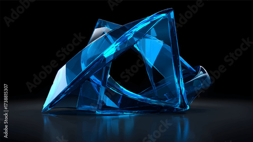 A modern abstract sculpture made of translucent blue glass, featuring sharp angles and smooth curves, set against a dark background
