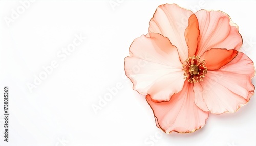 Elegant coral flower with gold accents on white background creates a modern, minimalist design with artistic flair for invitations and stationery projects
