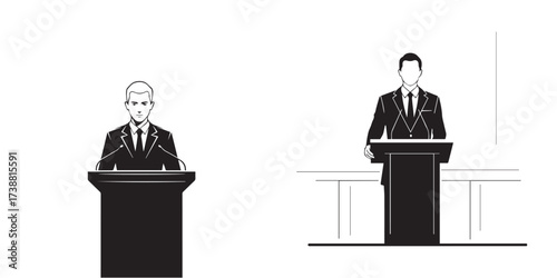Black and White Vector Illustrations of Men in Suits at Podiums
