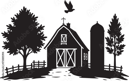 Black silhouette of a farm with barn silo trees and flying bird