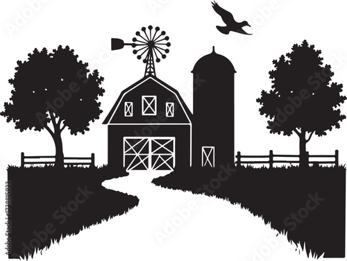 Black silhouette of a farm with barn silo trees and bird