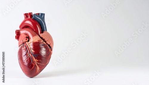 Detailed anatomical heart model on white background, perfect for medical education, cardiology research, and healthcare marketing materials, vibrant and informative