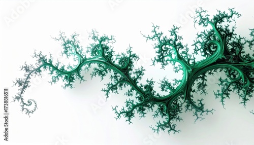 Abstract fractal art with vibrant green branches and intricate details on a clean white background, modern design
