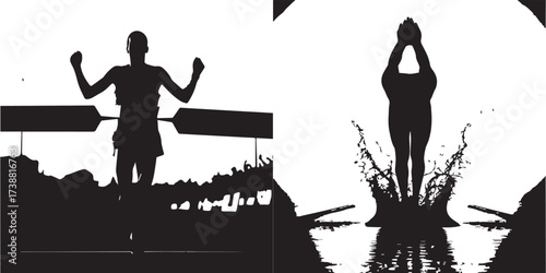 Dynamic Silhouettes of Athletic Achievement: Triumphant Runner and Powerful Diver