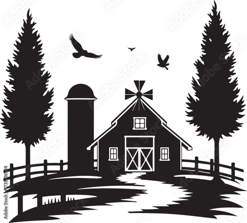 Black silhouette of a farm with silo trees and birds