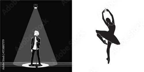 Performing Arts Concept: Male Singer in Spotlight and Female Ballet Dancer Silhouette