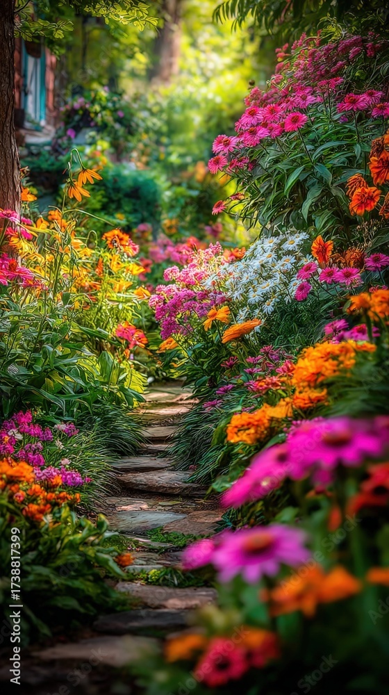 Obraz premium Enchanting Garden Path with Vibrant Flowers in Full Bloom, Leading Through Lush Greenery and Sunlight
