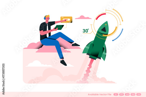 Illustration of a man on clouds and a rocket launch