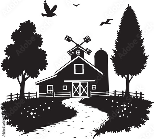 Black silhouette of a farm with windmill and trees