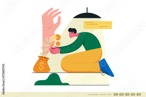 Illustration of a person planting coins into a money bag under a large hand
