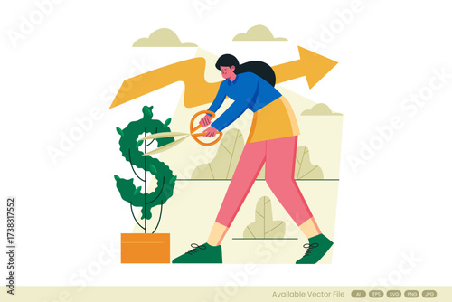 Illustration of a person trimming a dollar sign shaped plant with an upward arrow