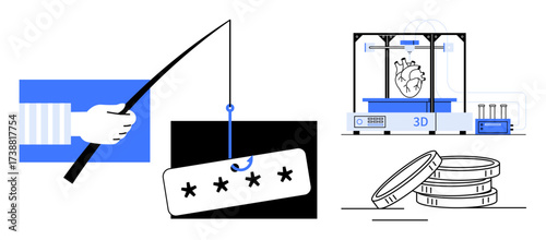 Phishing scam targeting passwords, a 3D printer crafting a heart, and stacked coins representing financial systems. Ideal for cybersecurity, creativity, medical tech, innovation, finance, threats