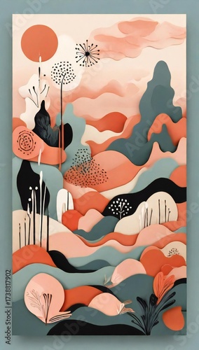 Abstract landscape with rolling hills and organic shapes in warm colors