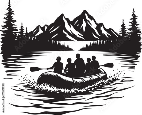 Five people in a raft on a lake with mountains and trees