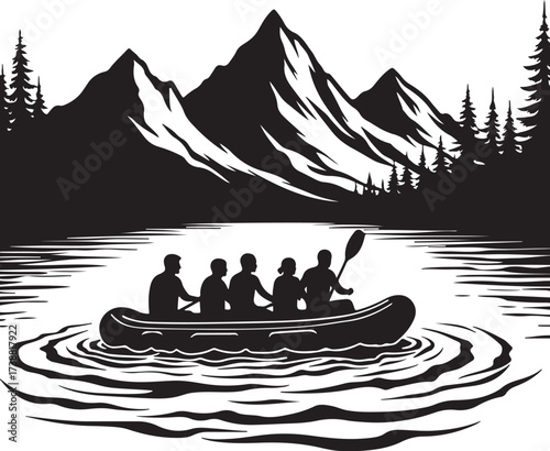 Five people in a raft on a lake with mountains and trees