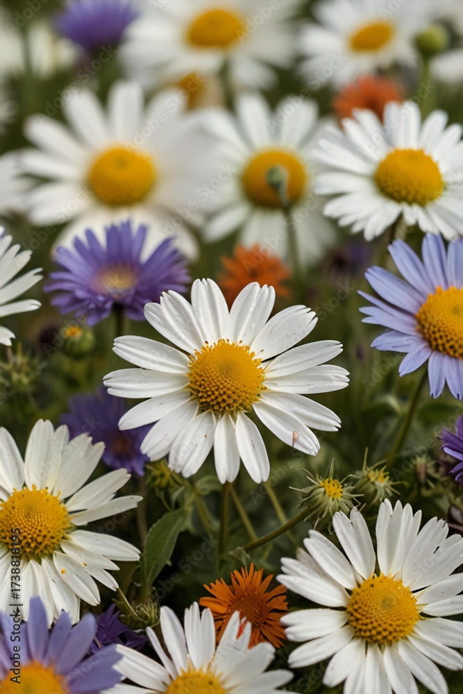 Fototapeta premium Close up of a field of colorful daisies and asters in bloom