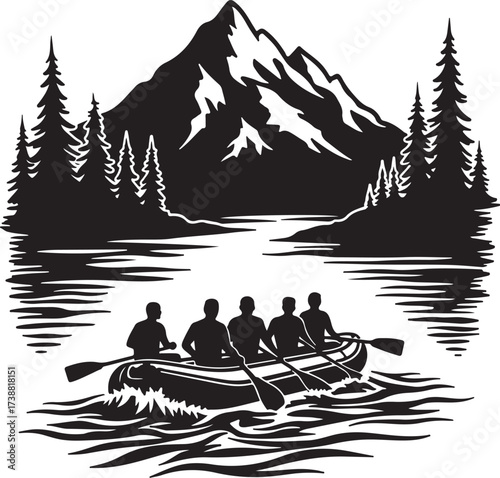 Five people in a raft paddling down a river with mountains and trees