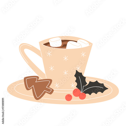 Hot chocolate in a mug with marshmallows gingerbread and holly