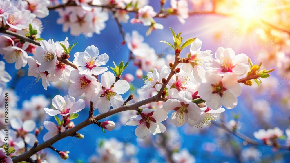 Obraz premium Gentle flowering almond tree branches in a sunny den on the blue-sky background with selective focus