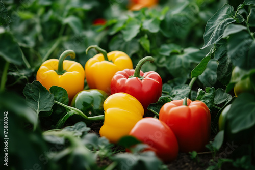 Bell peppers and zucchini in rural vegetable agricultural field. Natural farm grown produce. Organic garden.