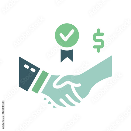 Icon of a handshake with a ribbon checkmark and dollar sign