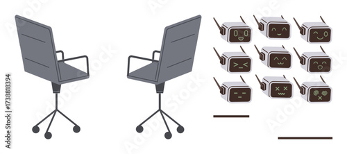 Two modern office chairs on casters paired with animated toaster faces displaying emotions thumbs up joy, sadness, and surprise. Ideal for teamwork, creativity, workplace, emotions, fun design