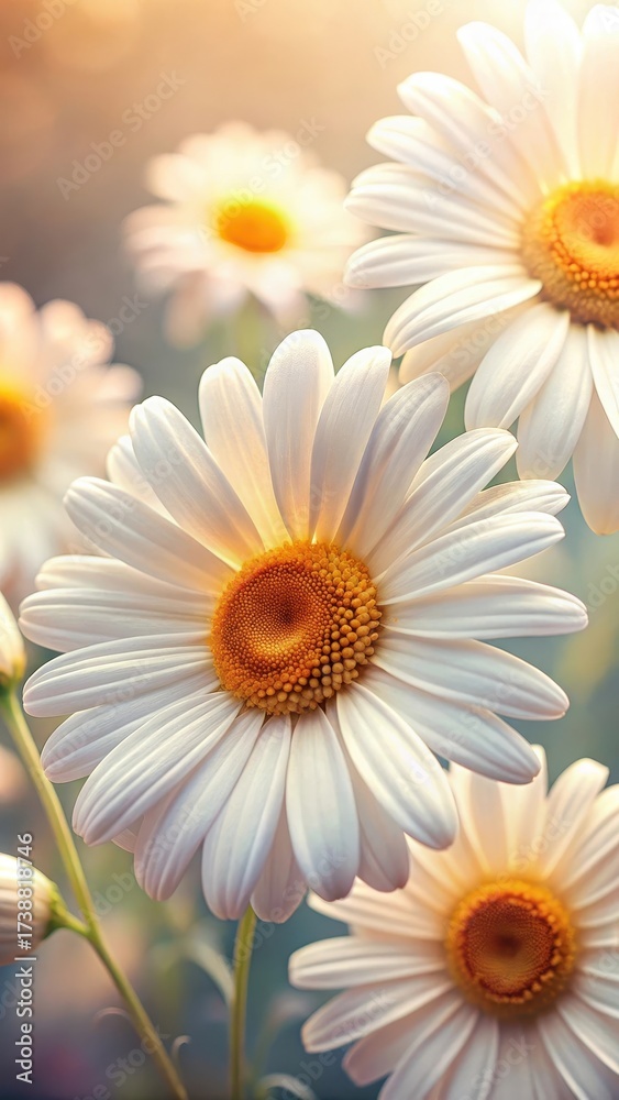 Fototapeta premium Close-up shot of delicate white petals and golden centers of daisies in a vibrant garden setting