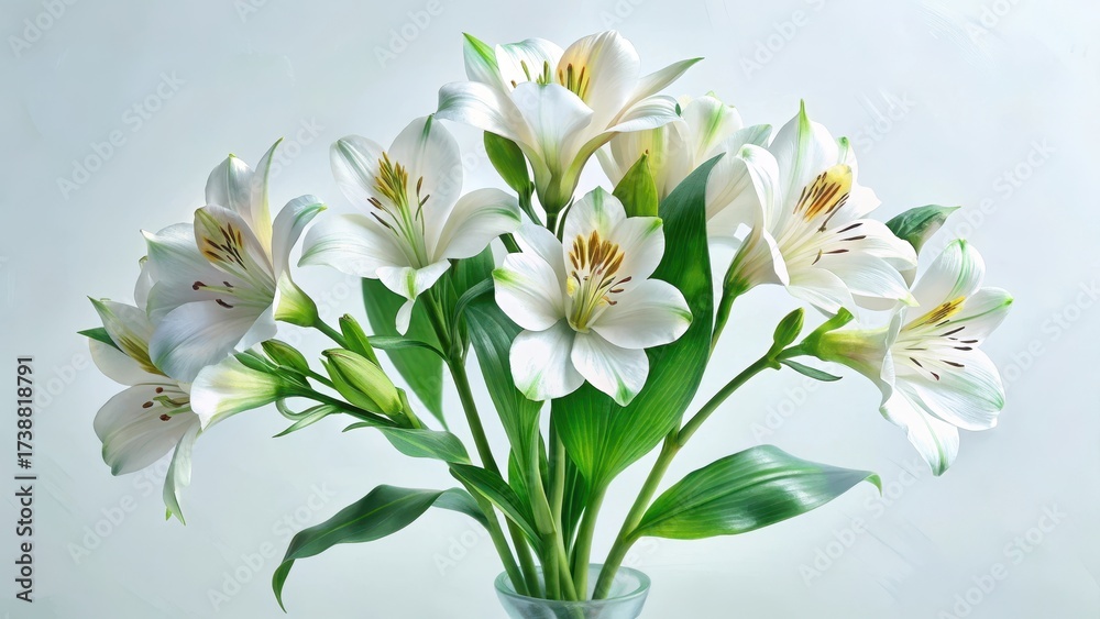 Fototapeta premium Delicate white alstroemeria blooms in a vase with lush greenery