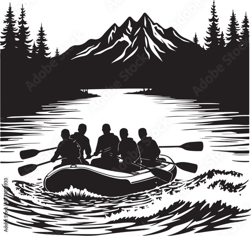 Five people in a raft paddling on a river with mountains and trees