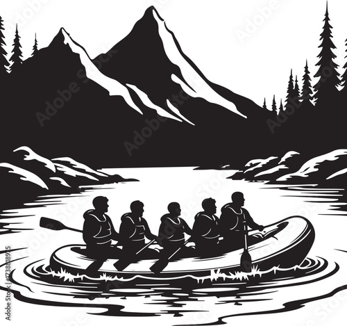 Five people in a raft paddling on a lake with mountains and trees